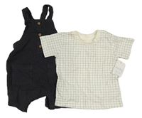 2set- antracitové laclové mušelínové kraťasy+ bílé kostkované tričko Matalan