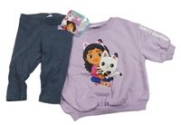 Nové - Fialová mikina s obrázkem+ tmavomodré lehké tepláky 