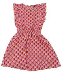 Růžovo-červeno-barevné vzorované lehké šaty s volány KIDS