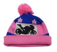 Neonově růžovo-modrá čepice s motorkou a bambulí 