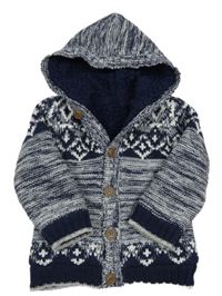 Tmavomodro-bílý melírovaný propínací zateplený svetr se vzorem a kapucí George