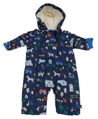 Tmavomodrá šusťáková zimní kombinéza s farmou a kapucí 