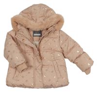 Broskvová šusťáková prošívaná zimní bunda s mašličkami a kapucí Primark