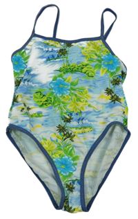 Bílo-modro-zelené jednodílné plavky s palmami C&A