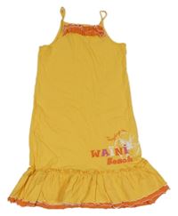 Žluté bavlněné dlouhé šaty s nápisem a volánky Tissaia