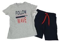 Nové - Šedé melírované tričko s nápisem + tmavomodré kraťasy Mek