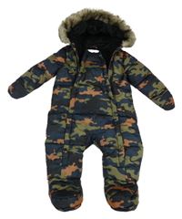 Tmavomodro-khaki army šusťáková zimní kombinéza s kapucí Primark