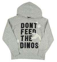 Šedá melírovaná mikina s nápisy a kostrou dinosaura a kapucí H&M