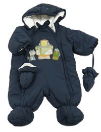 Tmavomodrá šusťáková zimní kombinéza s medvídkem a kapucí + rukavice C&A