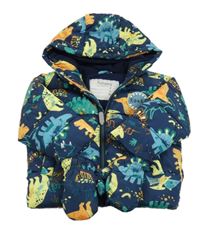 Tmavomodrá prošívaná šusťáková zimní bunda s dinosaury a kapucí + rukavice Nutmeg