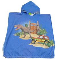 Modrá froté pončo osuška s dinosaurem a jeepem a kapucí
