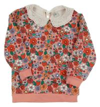 Růžová mikina s kytičkami a jahůdkami a límečkem s madeirou Tu