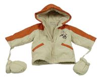 Světlebéžovo-tmavooranžová kostkovaná šusťáková zimní bunda s kolem a pejskem a kapucí + rukavice in extenso