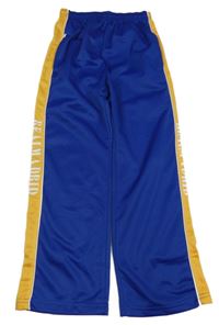 Safírovo-hořčicové sportovní tepláky s nápisy a pruhy