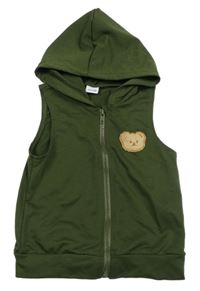 Khaki tepláková propínací vesta s medvídkem a kapucí