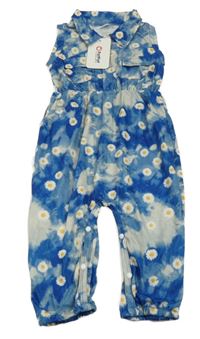 Nové - modro-světlešedý batikovaný kalhotový overal s kopretinami a límečkem PatPat