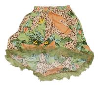 Meruňkovo-lososovo-olivová sukně s kytičkami a vzorem a krajkou JM