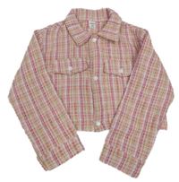Světlehnědo/růžovo-bílo-malinová kostkovaná crop bunda s límečkem SHEIN