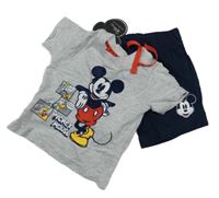 Nové - 2Set - Šedé melírované tričko s Mickey + tmavomodré teplákové kraťasy PRIMARK
