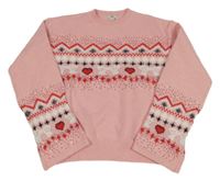 Růžový svetr s mašlemi a srdíčky a vzorem a flitry RIVER ISLAND