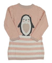 Růžovo-bílé svetrové šaty s tučňákem a pruhy zn. Primark