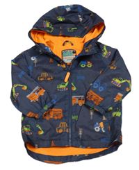 Tmavomodrá melírovaná šusťáková jarní bunda se stavebními stroji a kapucí F&F