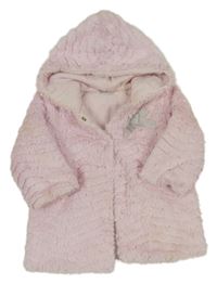 Růžová kožešinová zateplená bunda s mašlí a kapucí