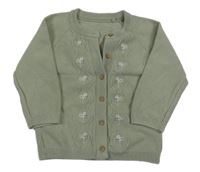 Zelenošedý propínací svetr s výšivkami květů Tu