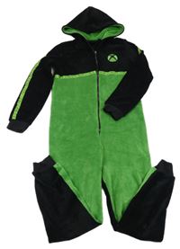 Zeleno-černá chlupatá kombinéza s logem X-Box a kapucí Primark