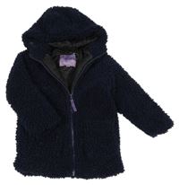 Tmavomodrá huňatá zateplená bunda s kapucí
