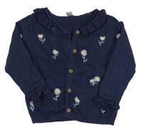 Tmavomodrý propínací svetr s výšivkami květů Tu