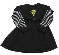 Černo-pruhované bavlněné šaty s drakem a páskem Shein