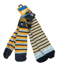 Nové - 2x ponožky - tmavomodro-modro-žluté pruhované ponožky s bagrem + pruhované JCB