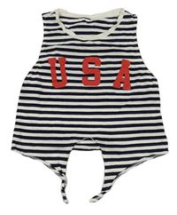 Tmavomodro-bílý pruhovaný crop top s nápisem H&M