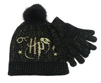 Nové - 2 set - černá třpytivá zateplená čepice s bambulí + prstové pletené rukavice - Harry Potter Matalan