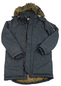 Tmavomodrá šusťáková zimní bunda s kapucí s kožešinou H&M