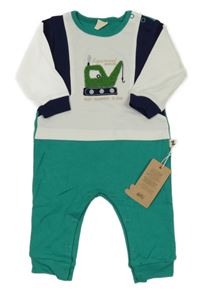 Nové - Zeleno-bílo-tmavomodrý overal s bagrem 