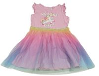 Růžové šaty s jednorožcem a barevnou tylovou sukní Dopodopo