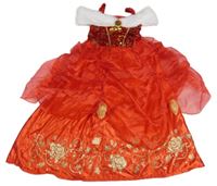 Kostým - Červeno-zlaté sametovo/tylové šaty s květy a kožešinou - Belle Disney