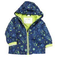 Tmavomodrá šusťáková jarní bunda s diny a vesmírem a kapucí 