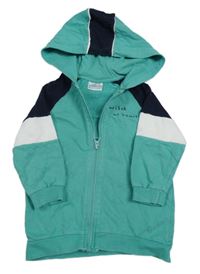 Zeleno-tmavomodro-bílá propínací mikina s nápisem a kapucí 