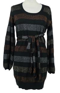 Dámské černo-barevné pruhované třpytivé svetrové šaty s páskem Papaya 