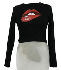 Nové - Dámské černé crop triko s potiskem rtů Primark 