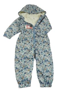 Nové - Světlemodrá květinová šusťáková podšitá kombinéza se zvířátky a kapucí Matalan