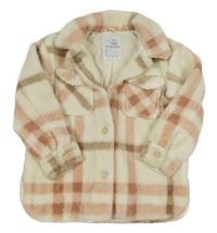 Bílo-růžovo-béžová kostkovaná huňatá podšitá bunda Nutmeg