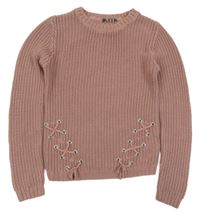 Růžovo-hnědý svetr se šněrováním Primark