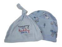 2x světlemodrá bavlněná čepice - s nápisem + s ovečkami 