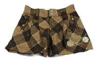 Hnědo-béžovo-zlaté kostkované vlněné sukňové kraťasy 