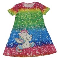Růžovo-zeleno-modré šaty s jednorožcem a hvězdičkami 