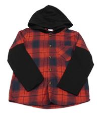 Červeno-černá kostkovaná košile s černými rukávy a kapucí 